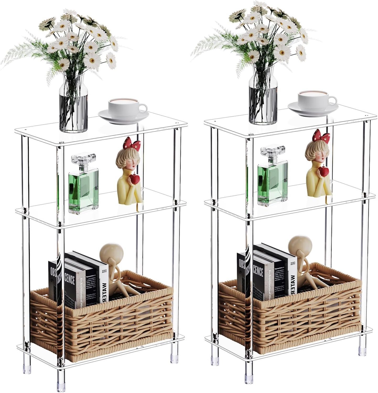Clear Acrylic Narrow Side Table Set of 2 for Small Spaces, 15.75" L x 7.87" W x 24.6" H, 3 Tier Rectangle Slim End Table Nightstand, Small Bedside Table for Bedroom, Bathroom, Living Room