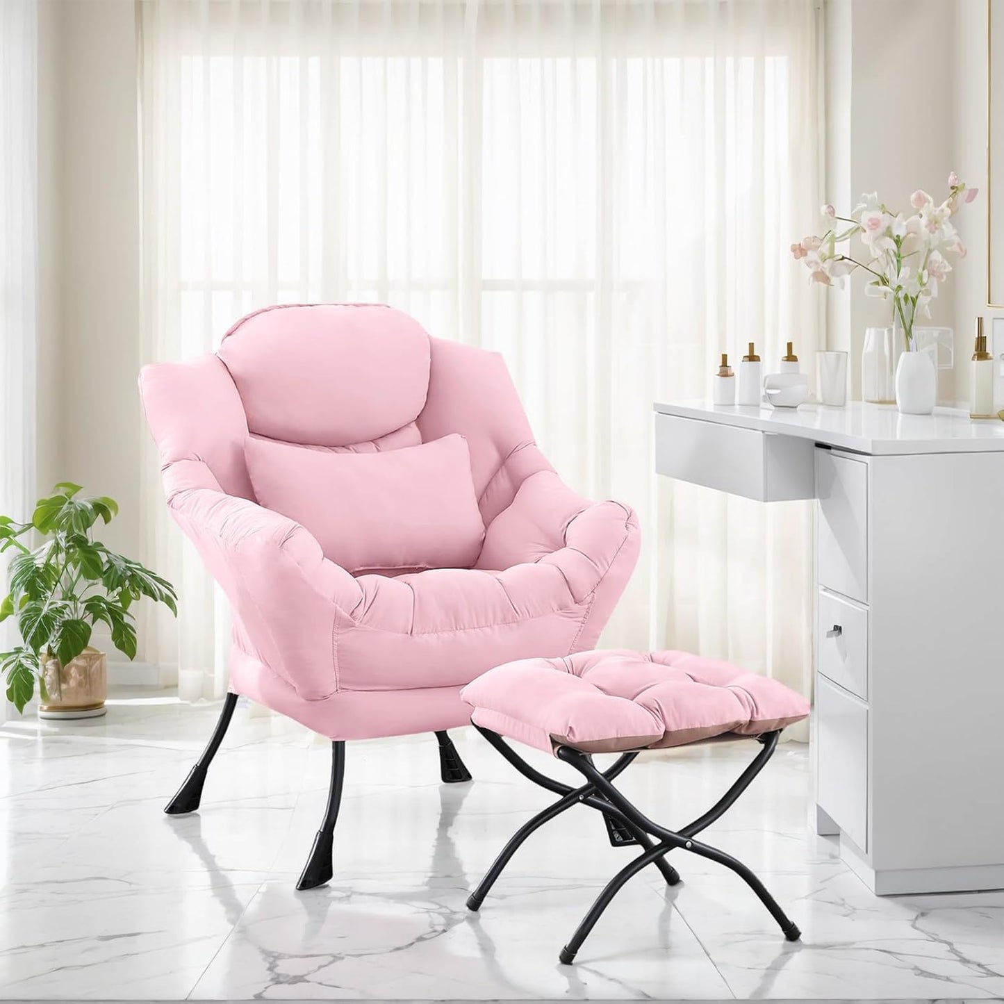 Lazy Chair with Ottoman, Modern Lounge Chair with Lumbar Pillow, Accent Cozy Reading Armchair and Folding Footstool for Bedroom, Dorm, Living Room,Pink