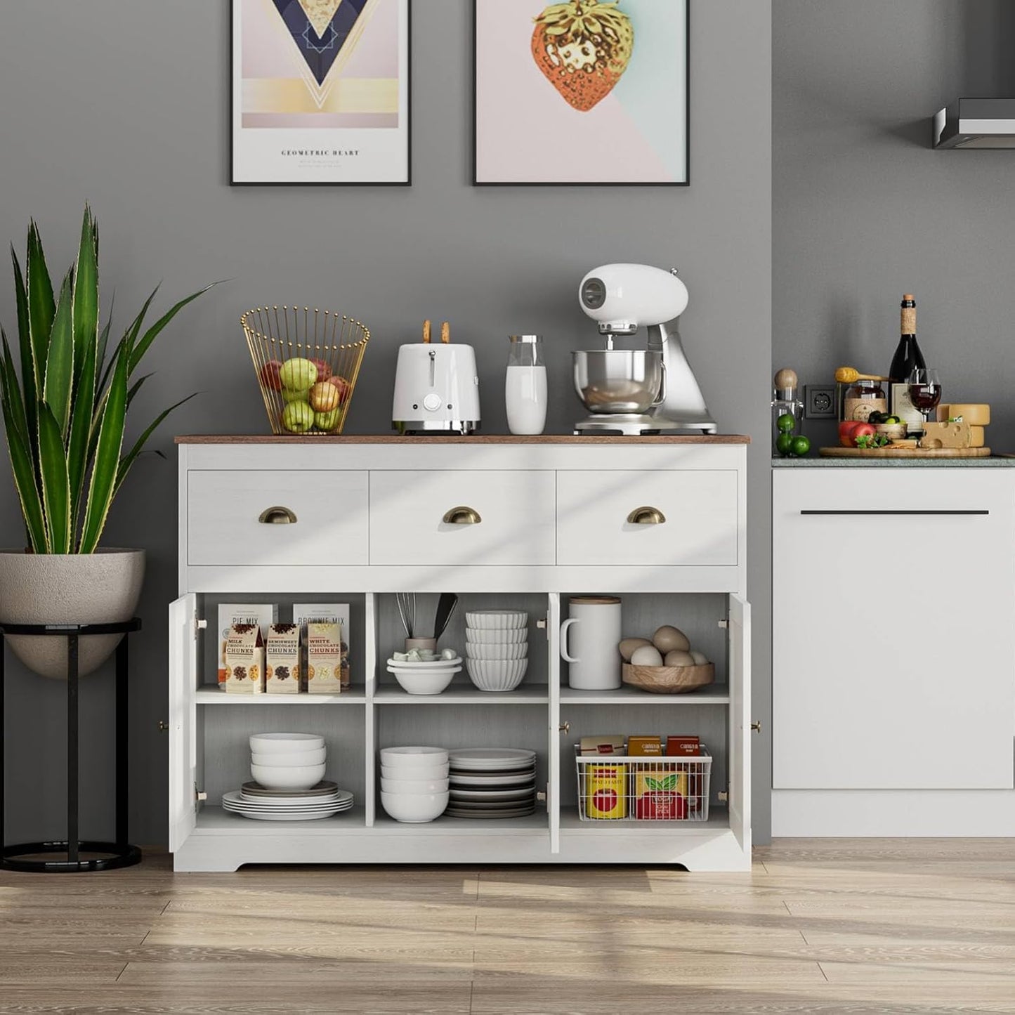 Keyluv Buffet Cabinet Storage Kitchen Sideboard Farmhouse Buffet Server Bar Wine Cabinet with 3 Drawers & 3 Doors Adjustable Shelves Console Table for Dining Living Room Cupboard, Antique White