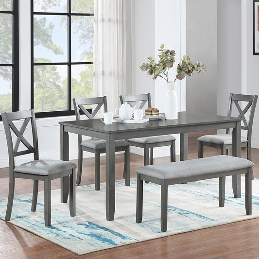 soges 6 Piece Kitchen Dining Set, Rectangular Wooden Dining Table with 4 Upholstered Chairs and a Bench, Dining Table Set for 6 People, Living Room, Home Bar and Kitchen, Gray