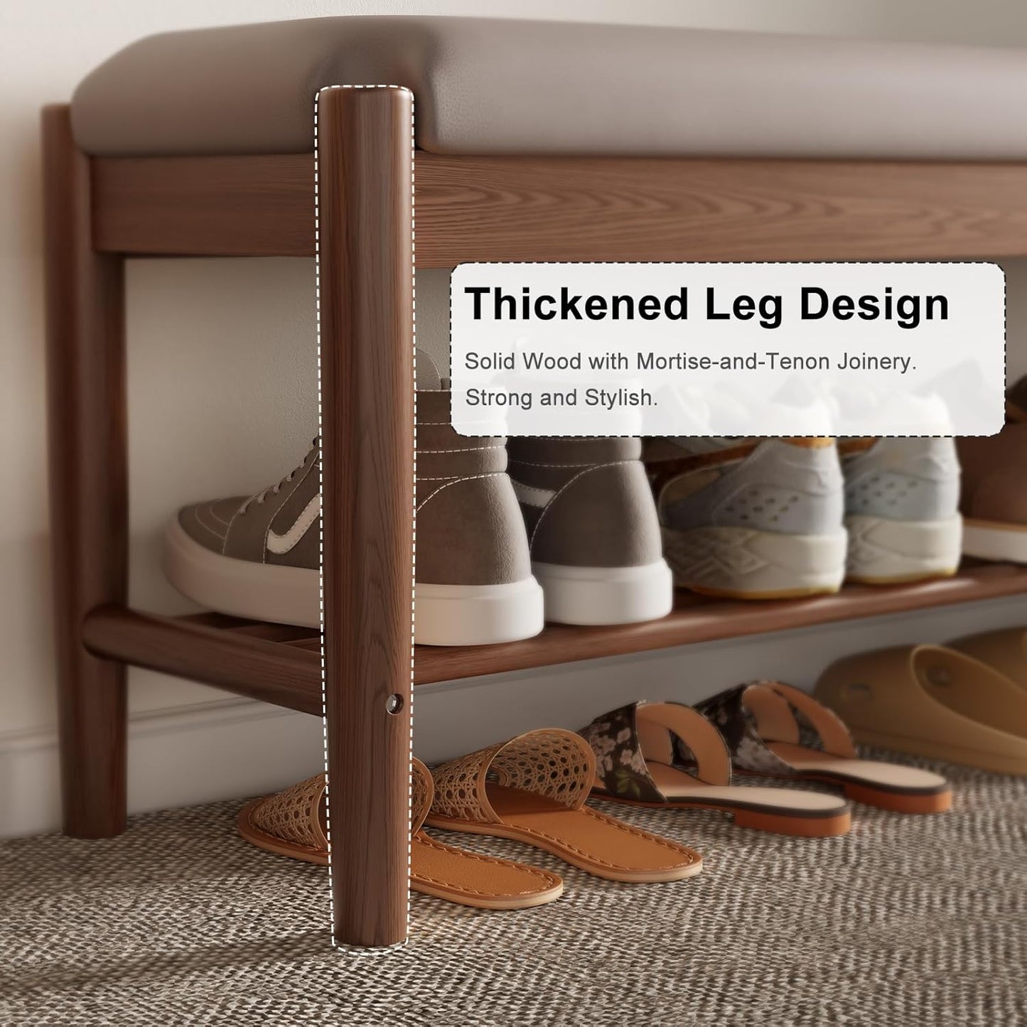 Shoe Bench Entryway with Cushion, Solid Wood Bench with Shoe Storage, 2-Tier Shoe Rack Bench for Entryway,Hallway (Gray)