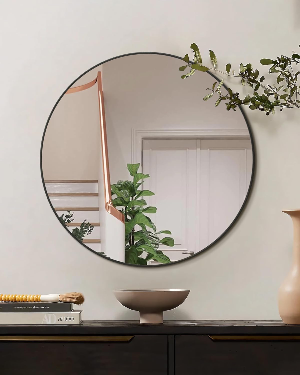 Black Round Mirror,Bathroom 24 Inch Vanity Wall Mirror,Modern Circle Mirror for Wall,Wood Mirror for Bedroom Living Room Entryway