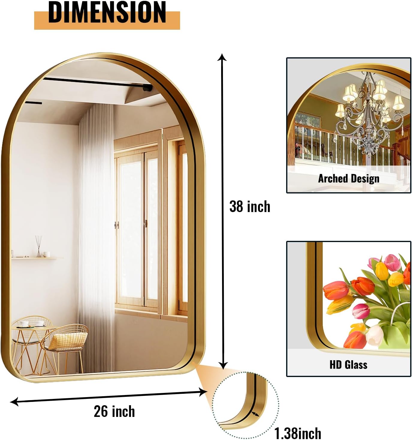 Arched Bathroom Mirror - 38x26 Inch Gold Bathroom Mirror for Wall - Aluminum Alloy Framed Mirror - Arched Top Bathroom Vanity Mirror for Living Room, Bedroom, Mantel, Entryway, and Hallways