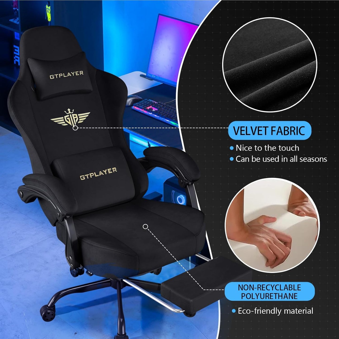 GTPLAYER Gaming Chair Fabric with Pocket Spring Cushion, Big and Tall Gamings Chairs 350LBS High Back Computer Chair with Footrest for Adults Lumbar Support Swivel Game Chair for Office Light Black