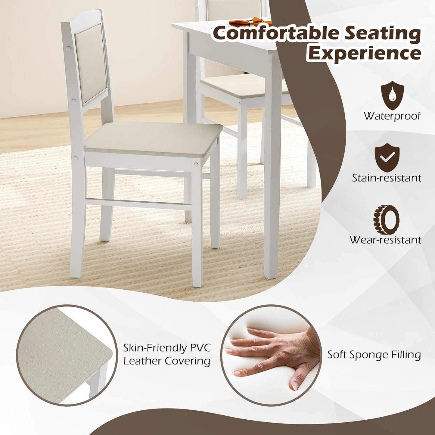Giantex 5-Piece Dining Table Set for 4 - Breakfast Nook Table Set with Kitchen Table, 4 Upholstered Chairs, Wood Legs, Space-Saving Dinette Set, Kitchen Table Chairs Set of 4 (White+Beige)