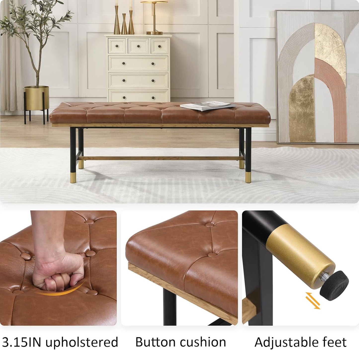 Modern Faux Leather Bench for Living Room and Bedroom, End of Bed Entryway Bench with Solid Metal Shelf, Padded Seat, Brown
