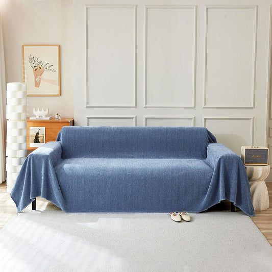 STACYPIK Durable Simple Blue Sofa Cover for Pets Kids Textured Herringbone Chenille Couch Covers for 3 Cushion Couch L Shape Couch Cover Versatile Protector Cover Multi-Use Blanket Washable-91X134IN