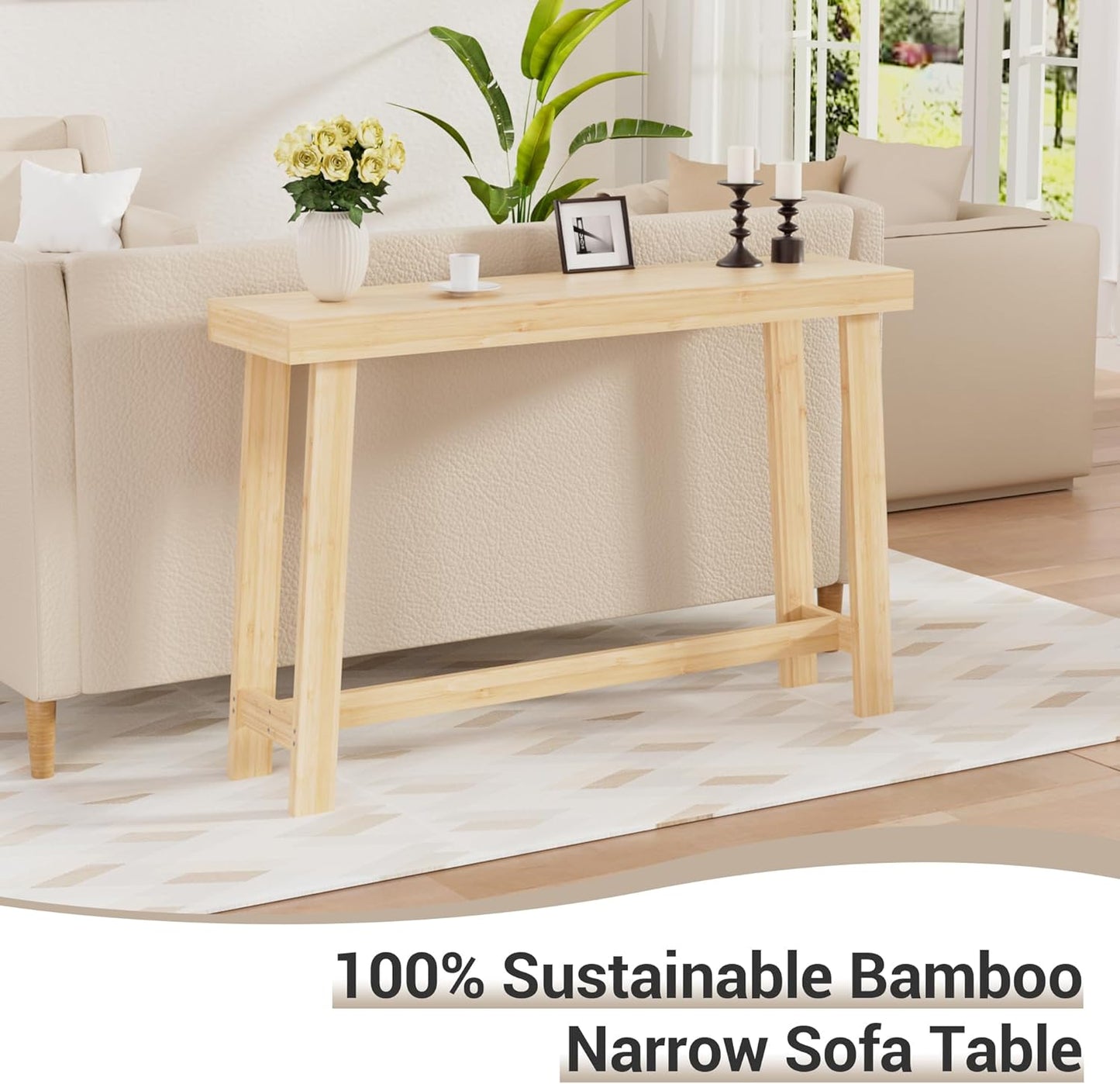 Bamboo Wood Entryway Table 47.2" Console Table, Narrow Sofa Table with Support Beam for Entrance, Hallway, Living Room, Bedroom, Foyer(Natural)