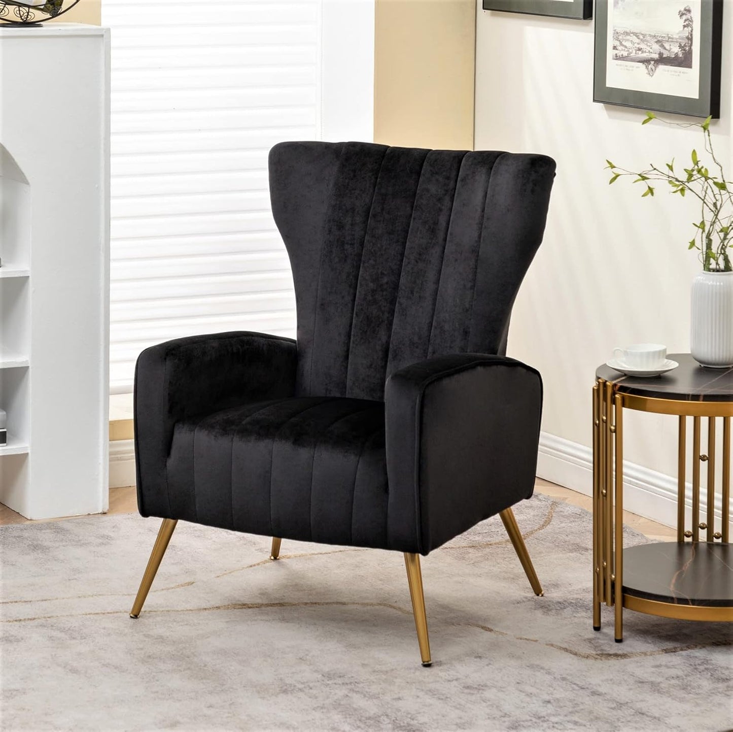 Container Furniture Direct Modern Velvet Accent Chair, Channel Tufted Bedroom, Office or Living Room Furniture with Elegant Metal Legs, 26" Wide Armchair, Black