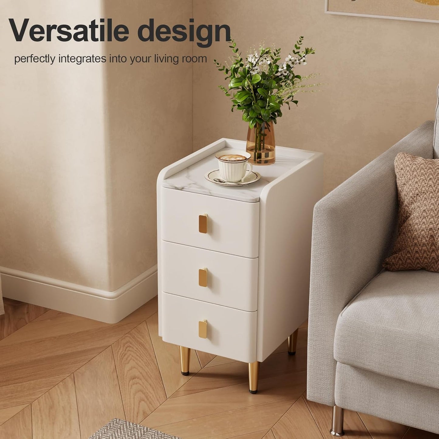 Narrow Nightstand with Drawers, Narrow Side Table Leather, Small Bedside Tables for Bedroom. (White)