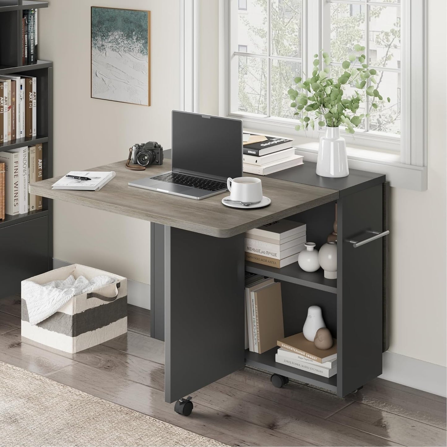 GarveeHome Folding Dining Table, Space Saving Farmhouse Dining Table for 4 Storage Shelf, 6 Wheels Multipose Expandable Kitchen Drop Leaf Table for Small Space (Carlo Grey, 47.2"D x 23.6"W x 29.5"H)