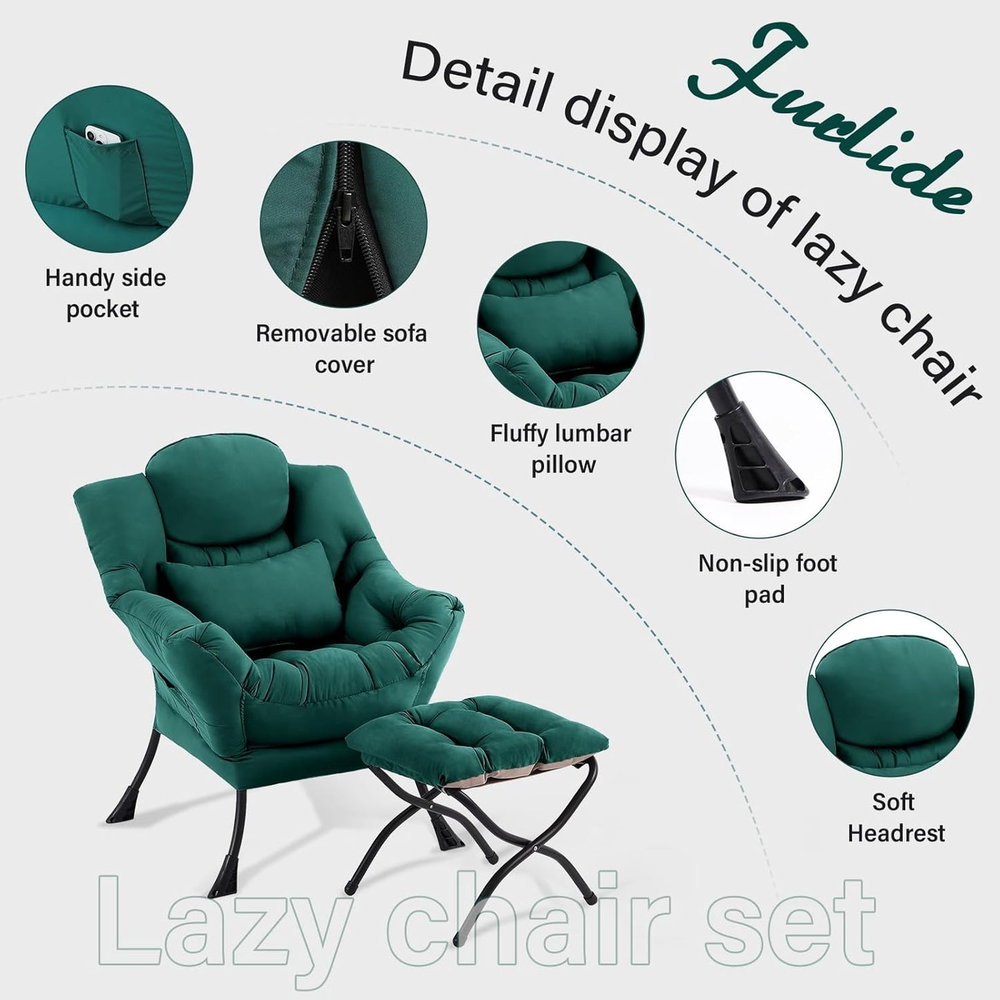 Lazy Chair with Ottoman, Comfy Fabric Accent Lounge Arm Chair with Lumbar Pillow and Folding Footrest, Reading Leisure Sofa Aimchair for Bedroom, Living Room, Dorm,Dark Green