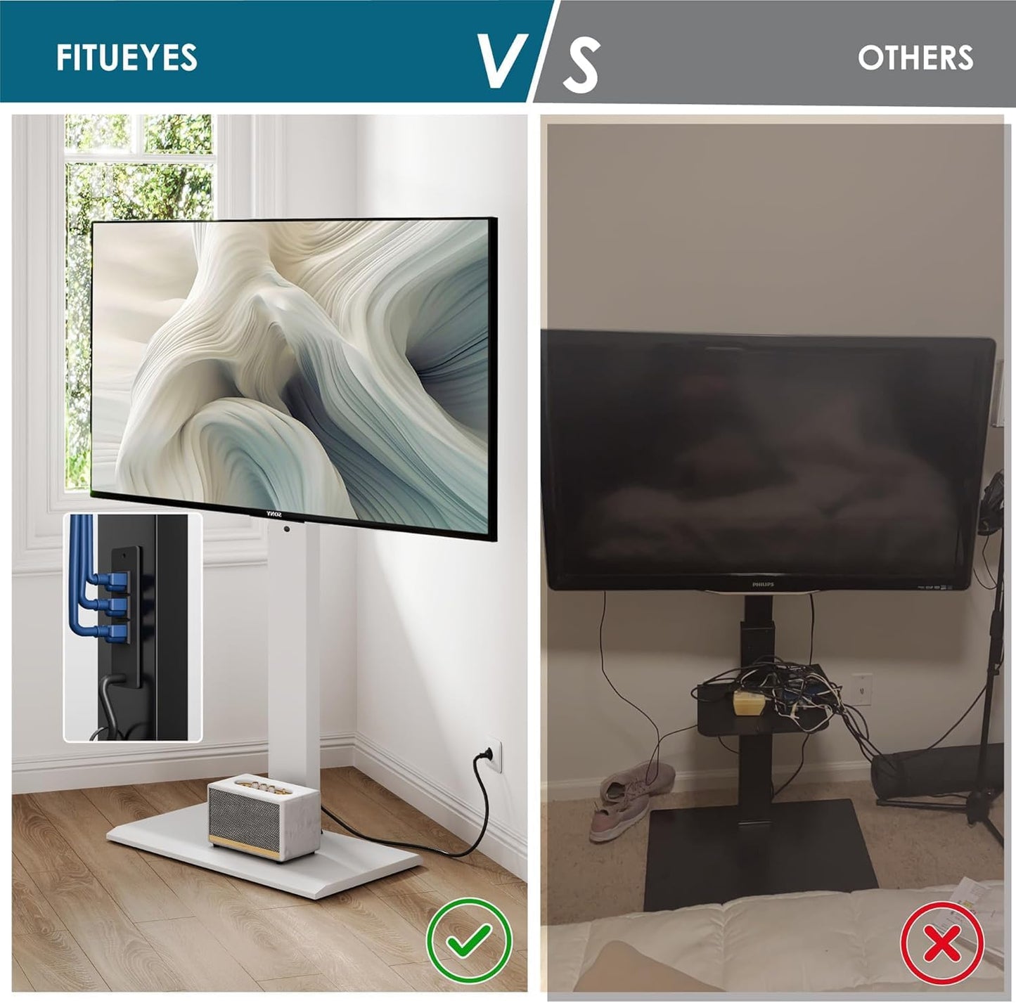 FITUEYES Iron Base Floor TV Stand with Power Strip, Tall TV Stand with Swivel Mount for 50-85 Inch Plasma Flat Panel or Curved Screen TVs Height Adjustable Wire Management MAX VESA 800x400 mm