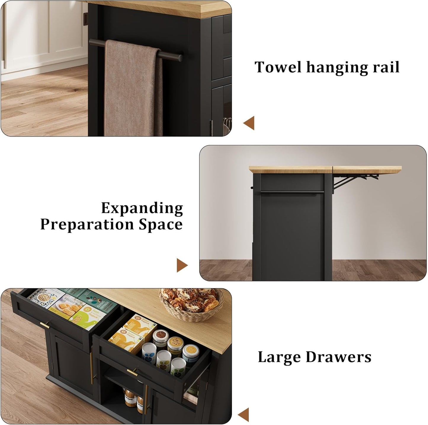 Mobile Modern Storage Island,Rolling Kitchen Island with Drop Leaf - Door Cabinet, Drawer, Bar Cart with Cabinet, Portable Cart Island Table for Kitchen, Black