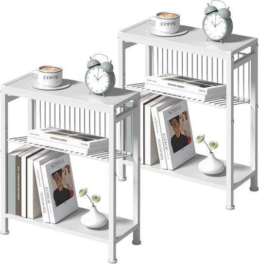 End Table Set of 2 for Small Space, 3-Tier Narrow Side Table with Magazine Holder,Small Nightstand, Skinny Snack Couch Table in Living Room, Bedroom Study and Balcony (White)