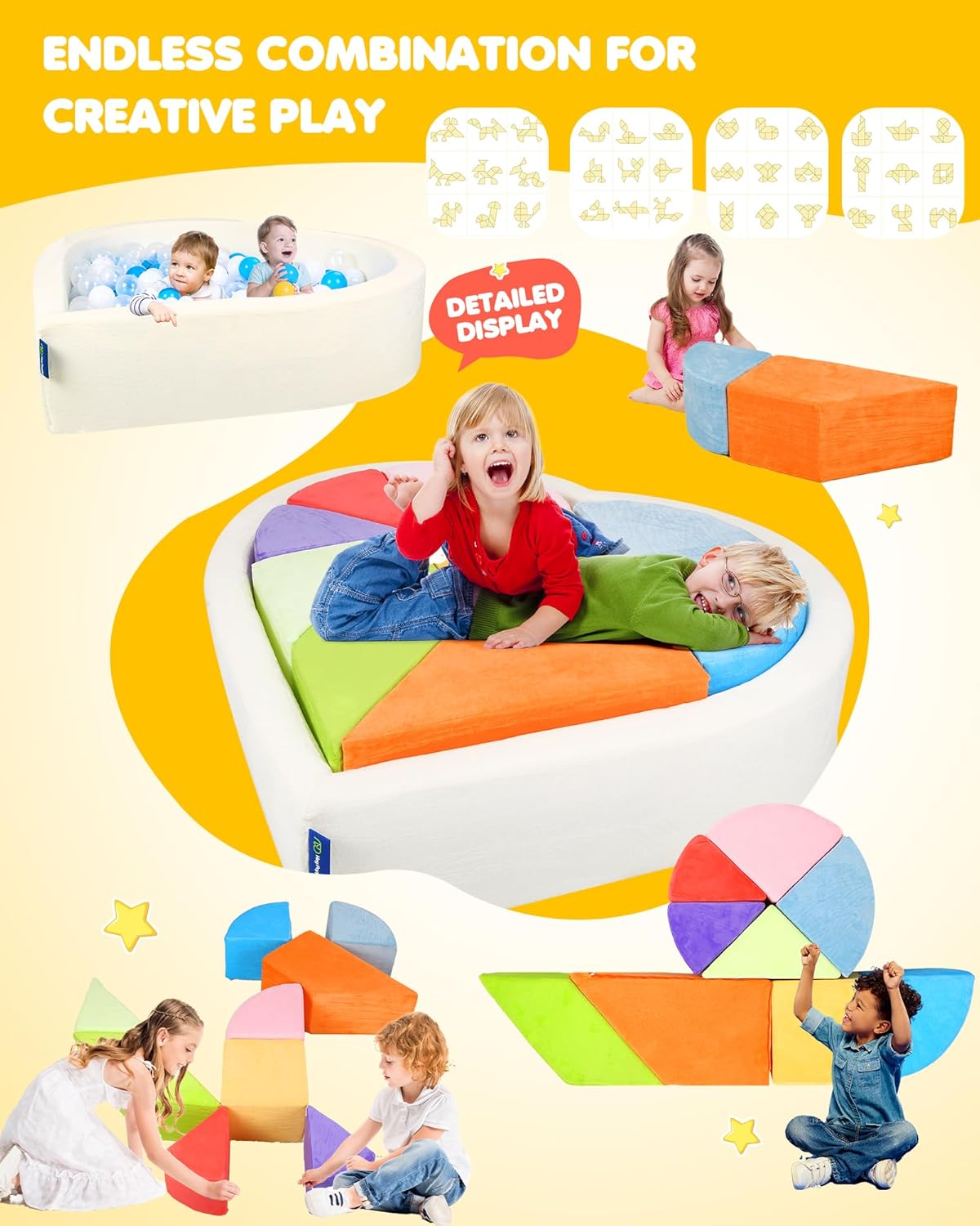 Kids Play Couch, 2-in-1 Heart-Shape Kids Plays Sofa with Unique Ball Pit(no Balls Included), Tangram Puzzle Play Couch for Playroom, Modular Play Sofa for Inspiring Creativity, Rainbow