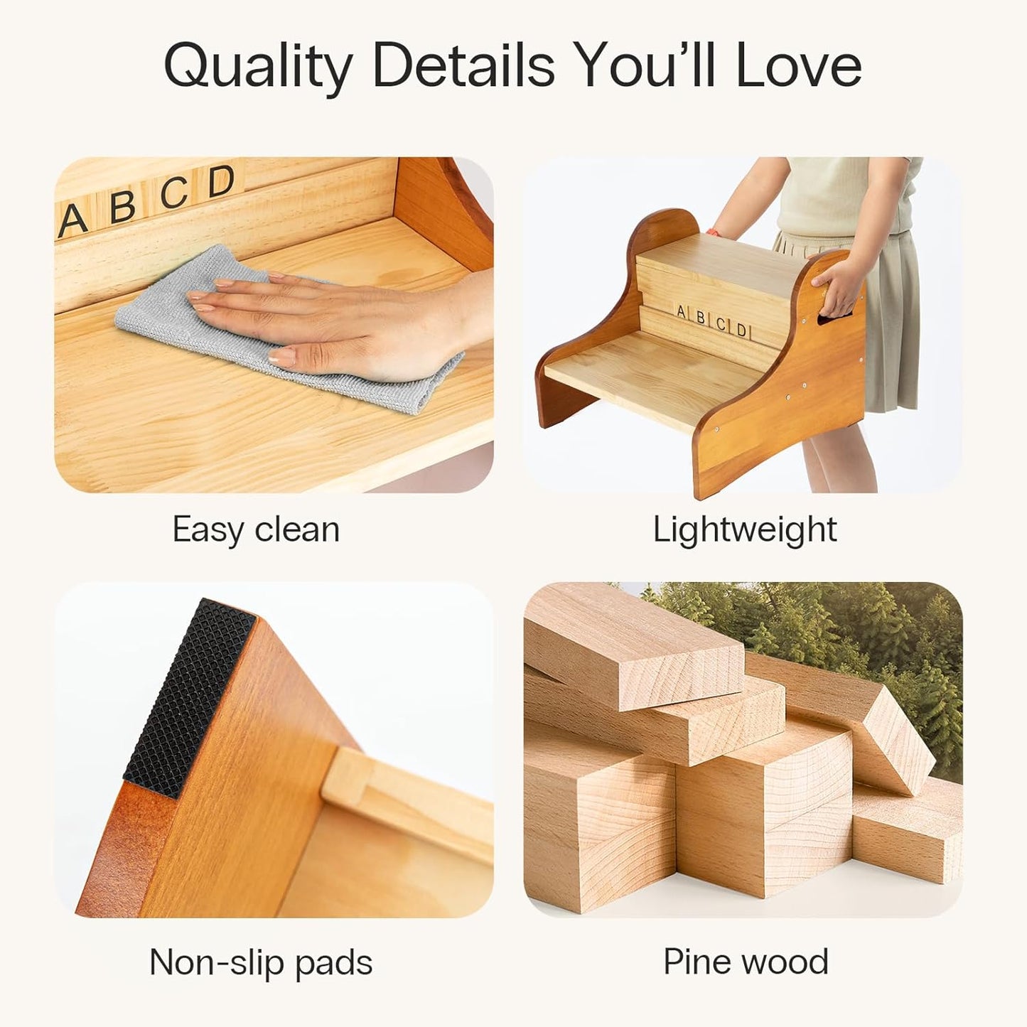 StrongTek Toddler Step Stool with 28 Alphabet Blocks – 2-Step Wooden Stool with Storage, Non-Slip, DIY Name & Drawing on Block Backs for Kids, Ideal for Bathroom, Kitchen & Bedside