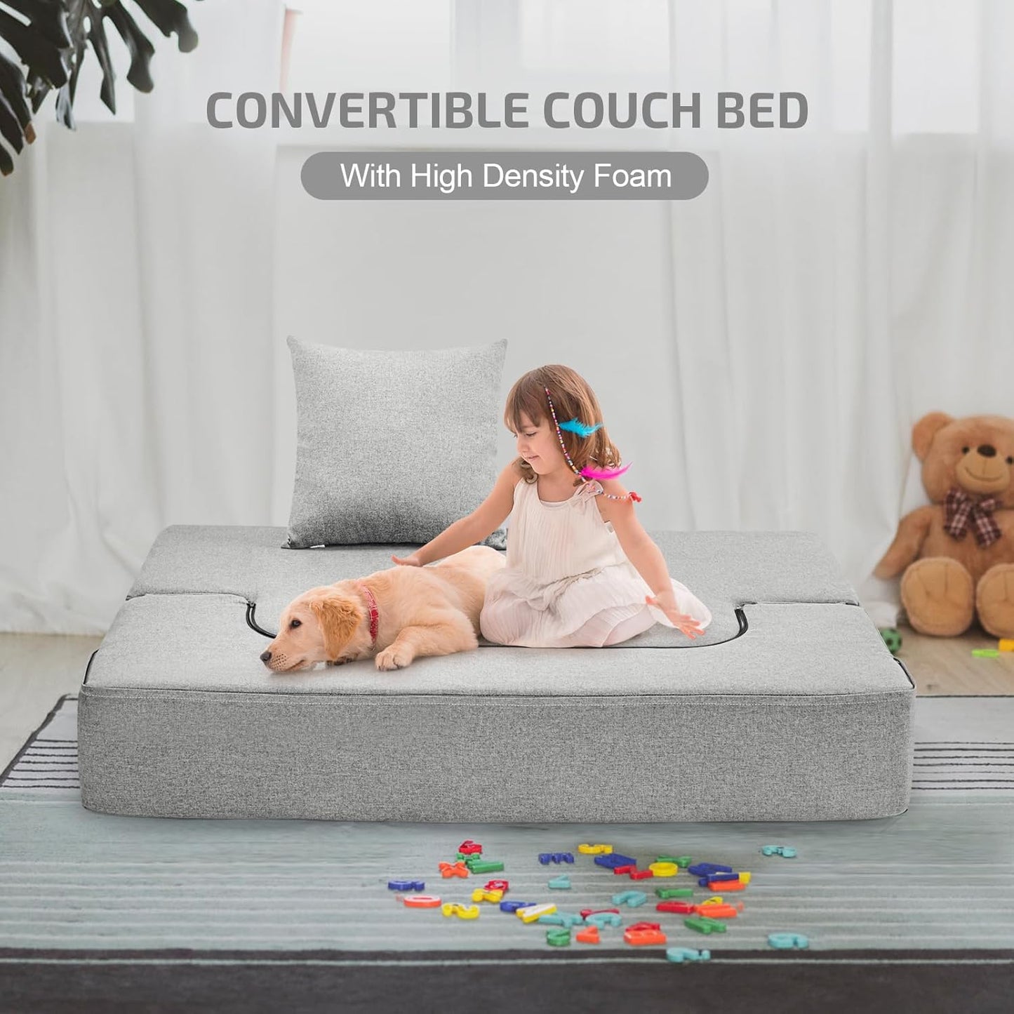 2-in-1 Folding Sofa Bed with Pillow - Folding Chair Floor Couch & Sleeping Mattress - Washable Cover & Memory Foam Sleeper Chair for Living Room/Guest Room/Apartment/Loft, Light Gray