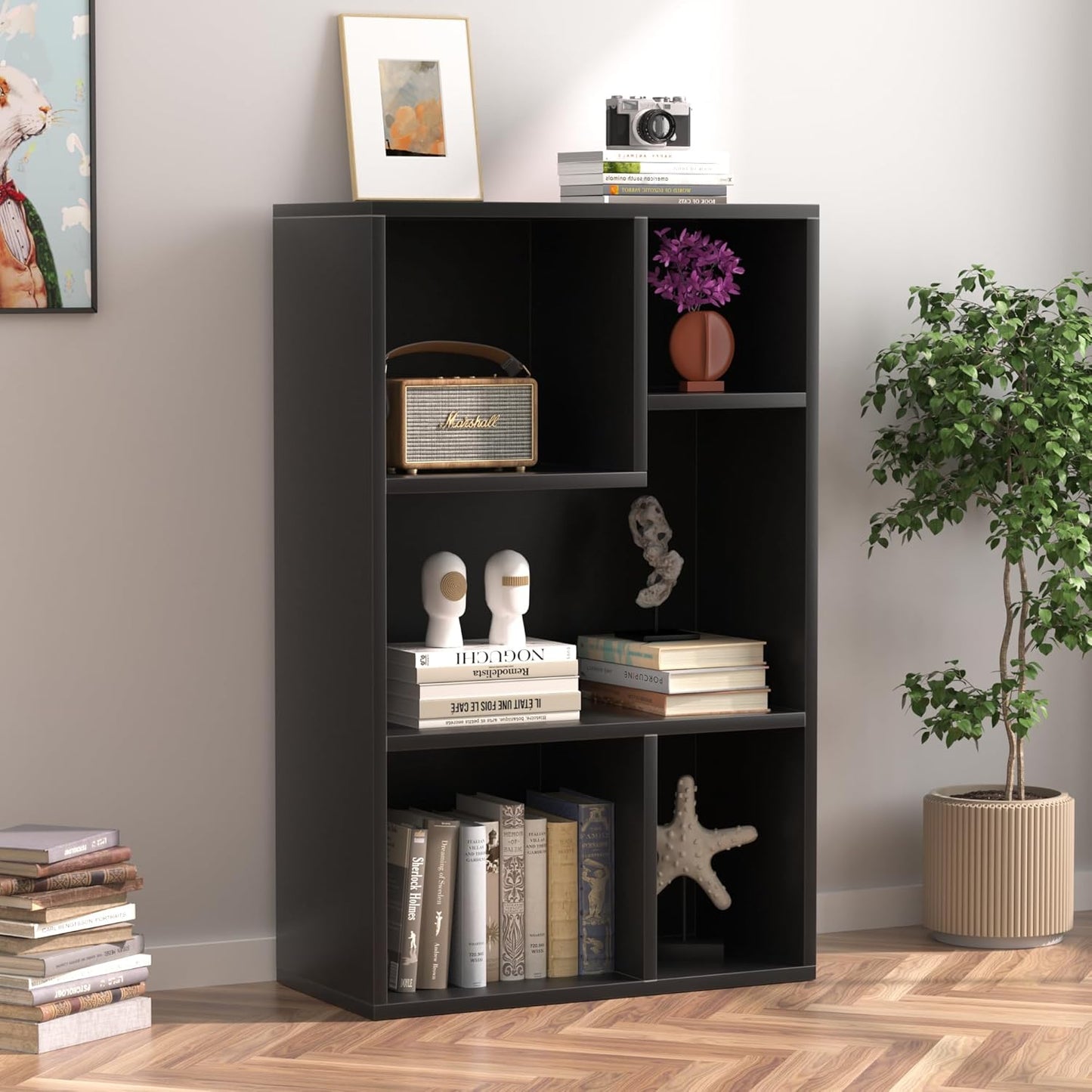 VECELO 5 Cube Modern Bookcases, 3 Tier Bookshelves,31 Inch High Cubby Storage Organizer，Shelf Hight Up to 12.8 Inches Suit for Most Books,Vertical or Horizontal Use Available,Vintage Black