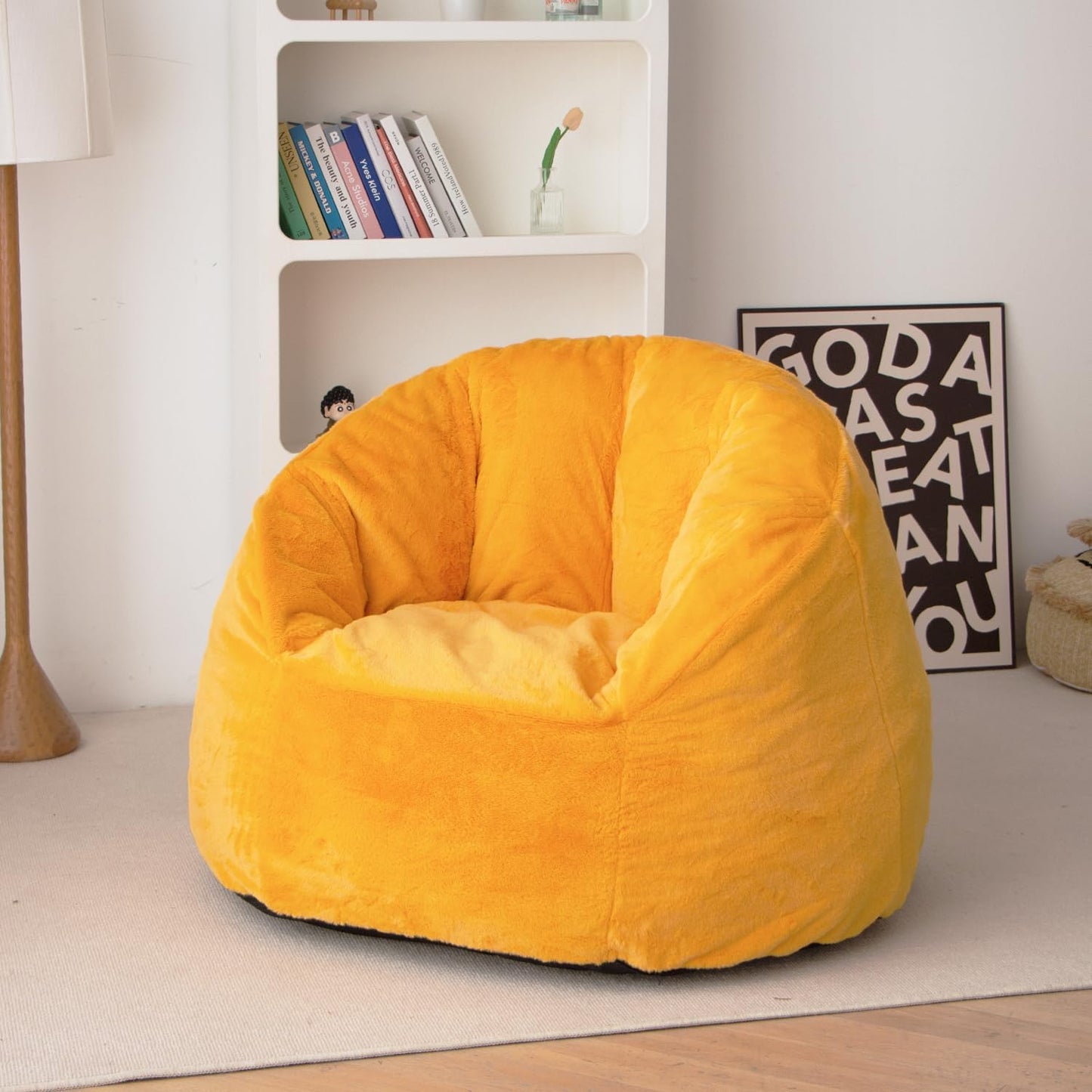 N&V Large Shell Bean Bag Chair, Adult Size Bean Bag Sack, Foam Filling, Includes Removable and Machine Washable Cover, 40in, Soft Faux Fur, Yellow