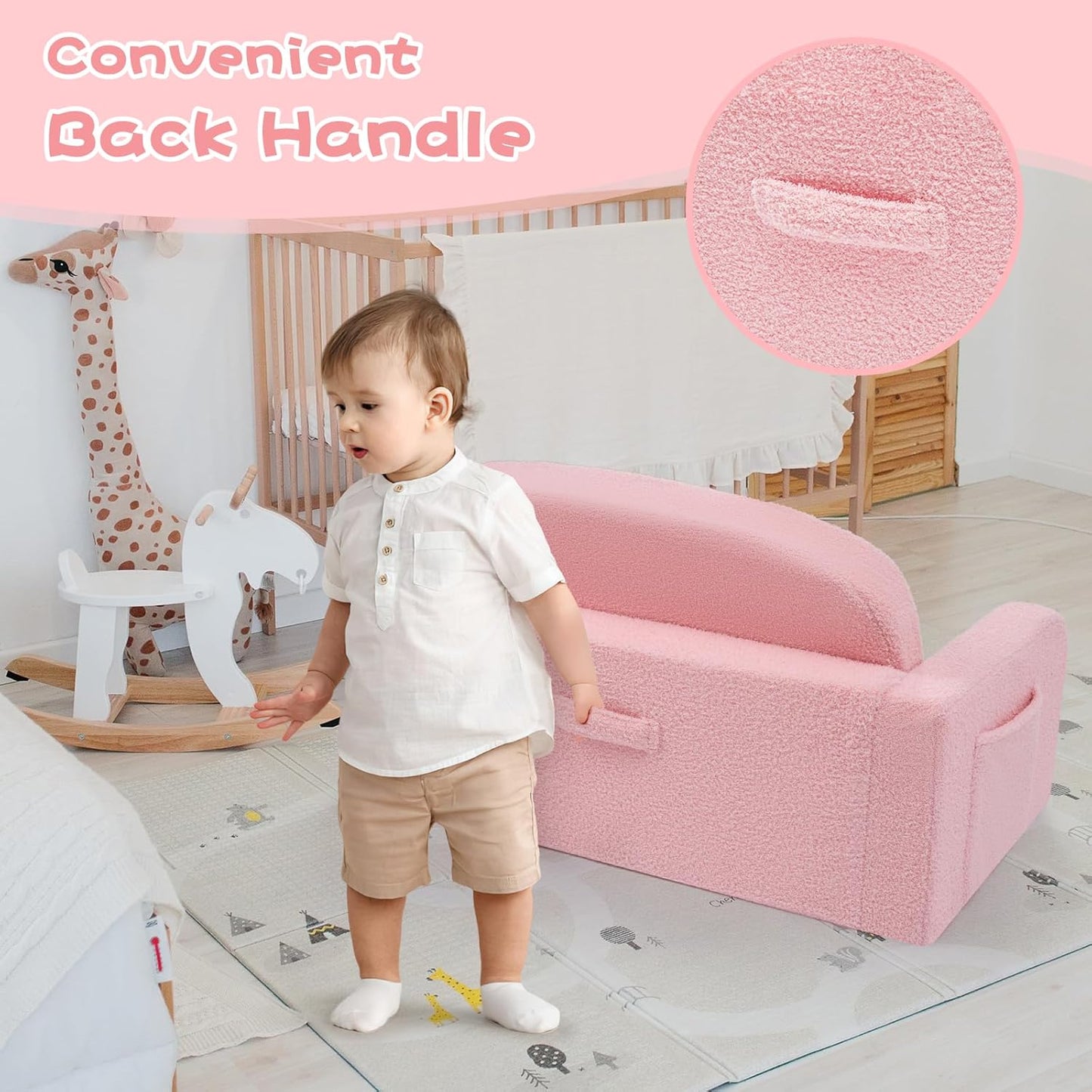 Extra Wide Kids Couch, 2-in-1 Soft Toddler Couch with Blanket, Comfy Toddler Chair, Convertible Sofa to Lounger with Cute Colorful Rainbow Design, Pink