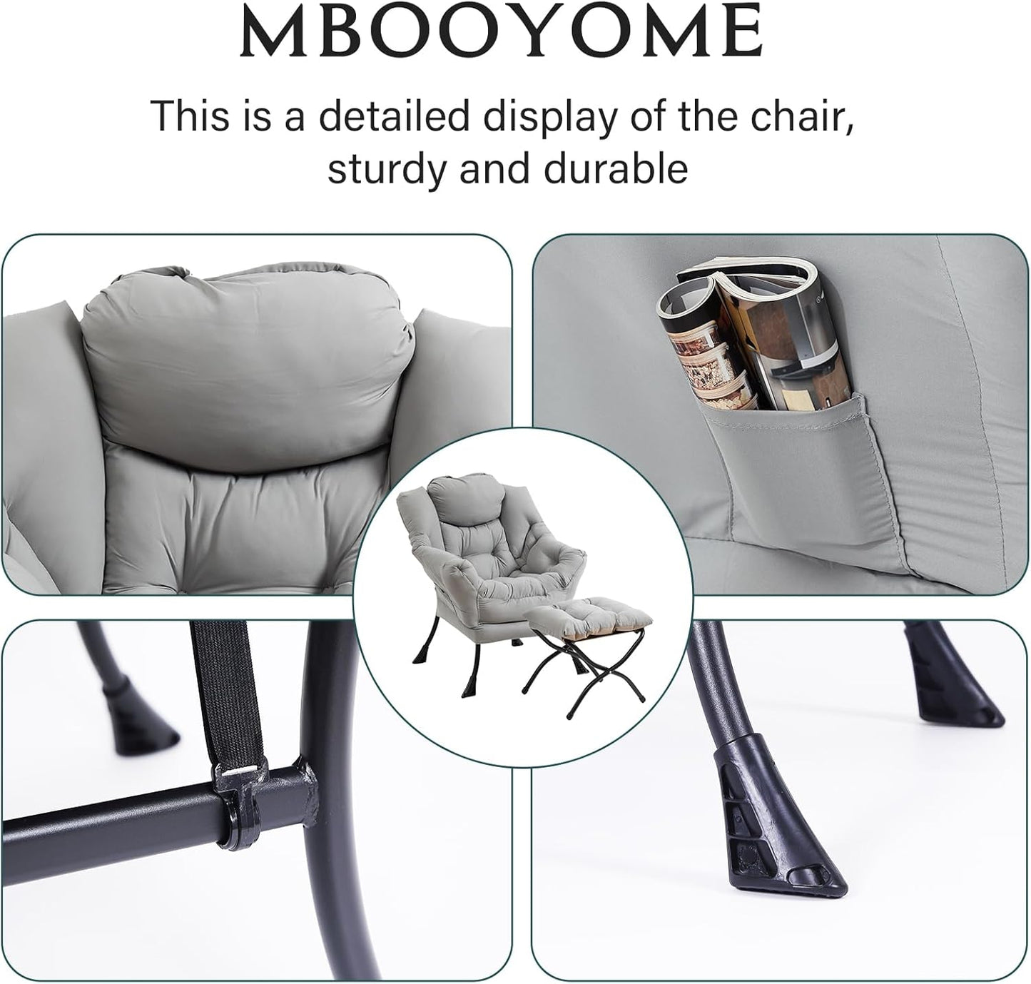 Lazy Chair with Folding Ottoman, Modern Accent Lounge Armchair with Armrests and a Side Pocket & Foldable Footstool, Leisure Reading Chair for Living Room, Bedroom, Dorm & Office, Light Grey