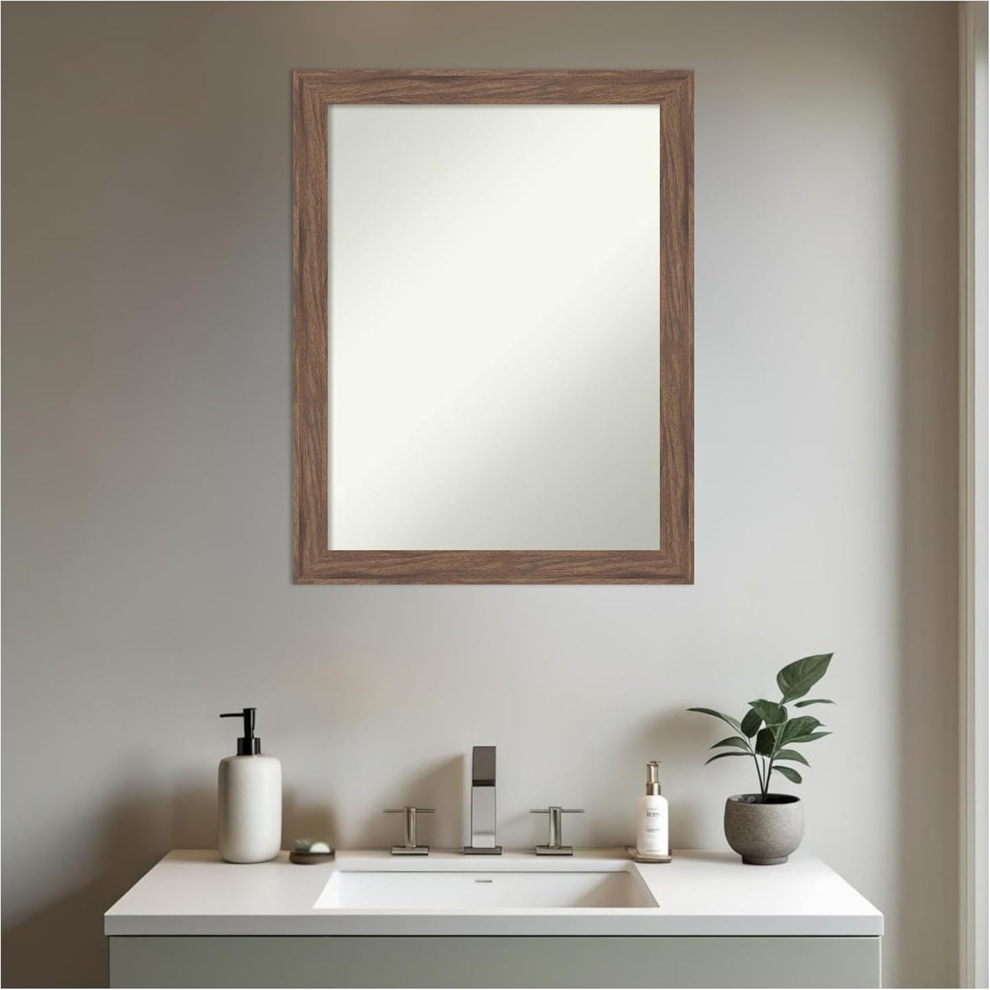 Amanti Art Brown Bathroom Mirror for Over Sink, 27x21 Pia Medium Brown Narrow Rectangle Vanity Mirror, Medium Casual Frame, Hangs Horizonally and Vertically, Bathroom Wall Decor, Non-Beveled Edge