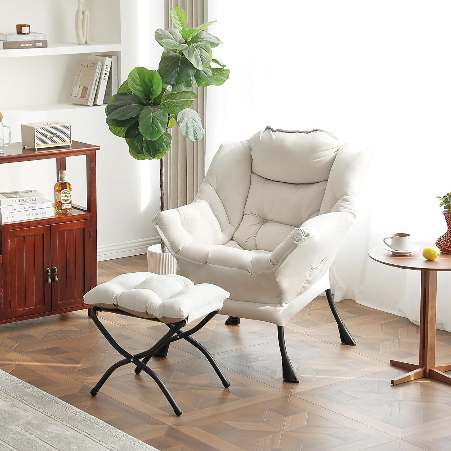 Lazy Chair with Folding Ottoman, Modern Accent Lounge Armchair with Armrests and a Side Pocket & Foldable Footstool, Leisure Reading Chair for Living Room, Bedroom, Dorm & Office, Beige