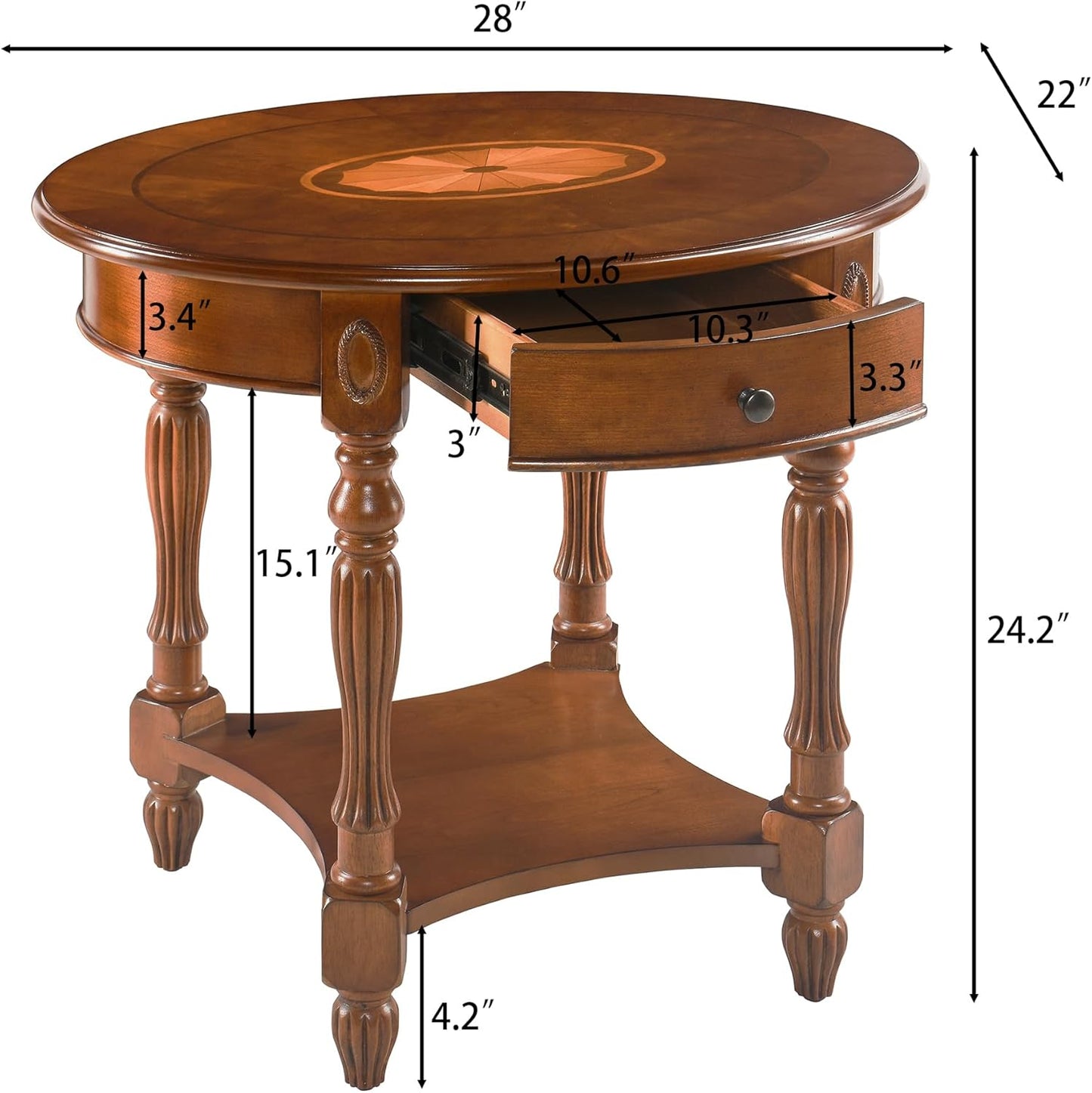 LEEMTORIG Oval Round End Table, 2-Tier Solid Wood End Table Side Table with Drawer, Victorian Vintage Nightstand for Bedroom Living Room Hallway, 28" W x 22" D x 24.2" H, Caramel Brown CJZ-1533-MG