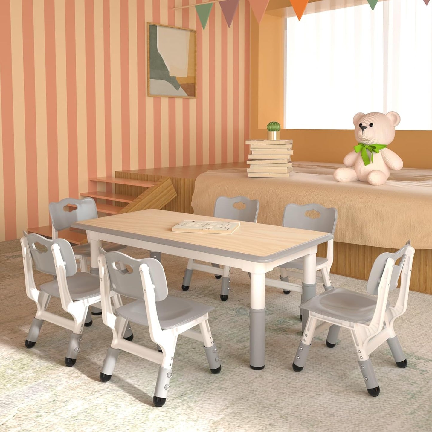 Kids Table and 6 Chairs Set，Height Adjustable Children Table & Chair，Toddlers Study Multi-Activity Table with 47.2"x23.6" Wipe-Clean Desktop，for Classrooms, Homes & Daycares