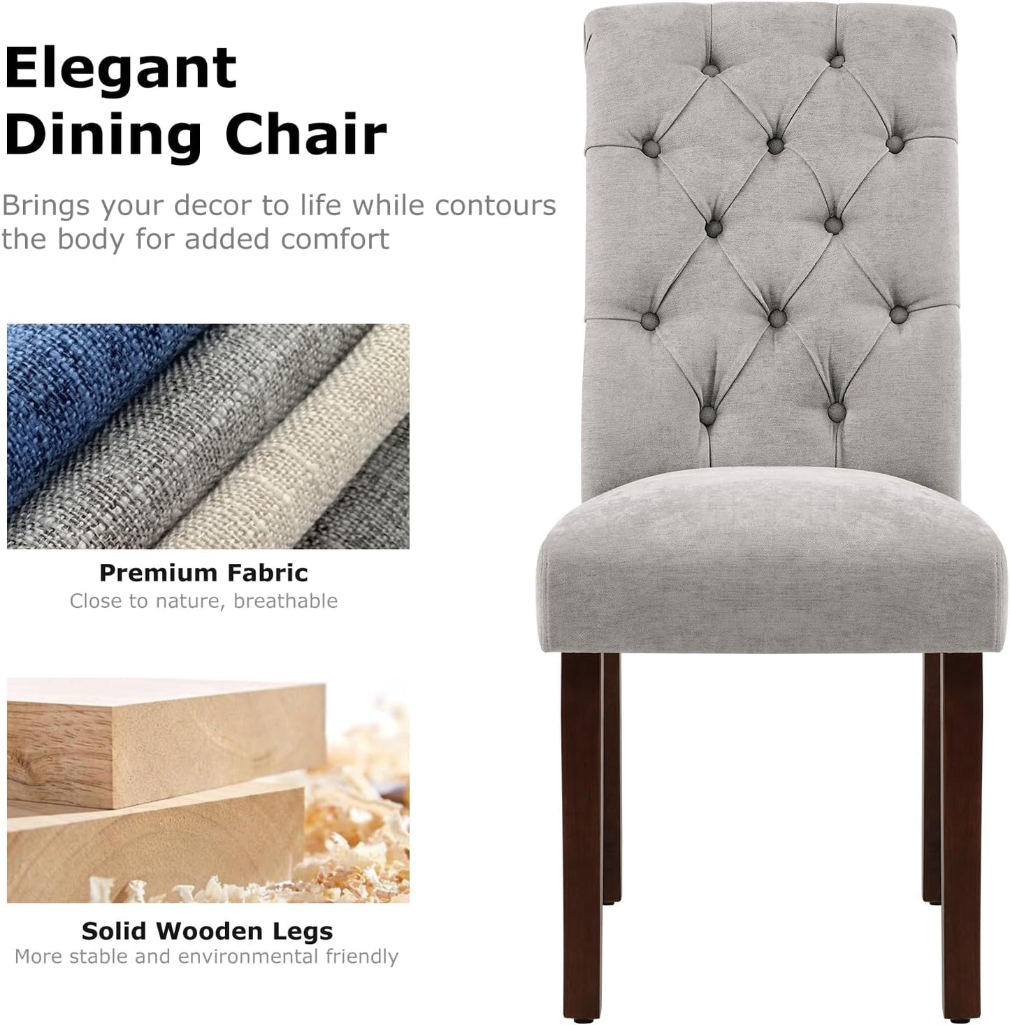 COLAMY Button Tufted Dining Chairs Set of 4, Parsons Upholstered Fabric Dining Room Chairs Kitchen Chairs with Wood Legs and Padded Seat, Light Grey
