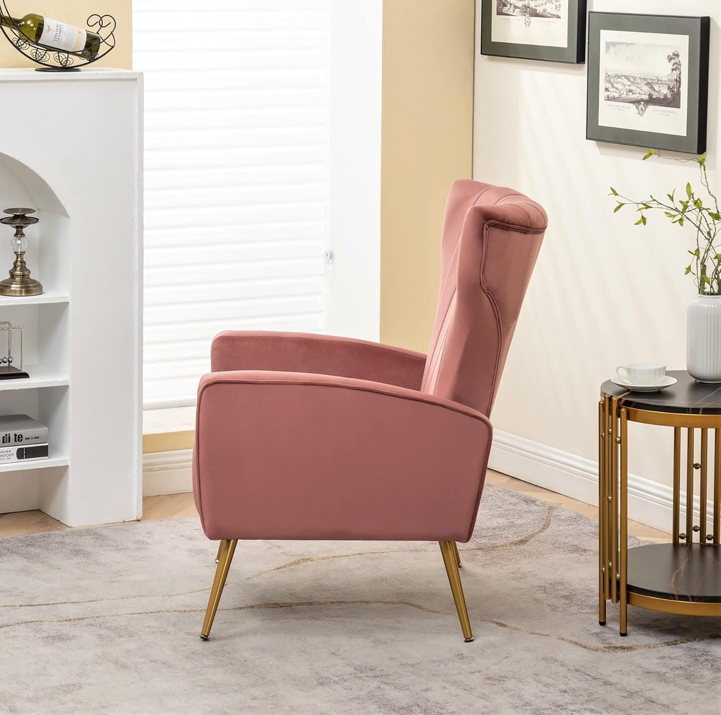 Container Furniture Direct Modern Velvet Accent Chair, Channel Tufted Bedroom, Office or Living Room Furniture with Elegant Metal Legs, 26" Wide Armchair, Rose