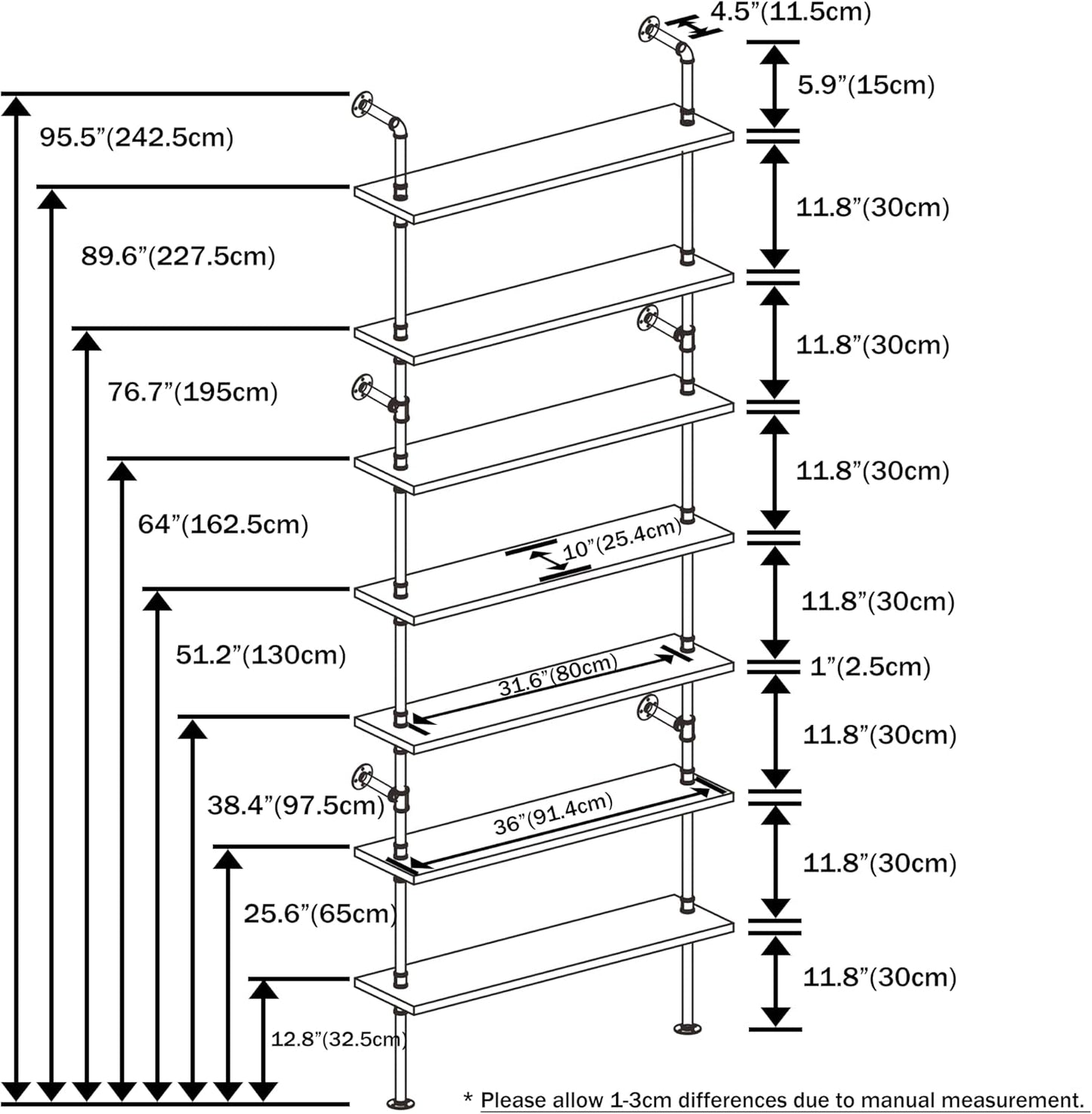 7 Tier Industrial Ladder Shelf Bookcase, Wall Mounted Rustic Bookshelf for Living Room Decor and Storage (Walnut Color, 7 Tier - 10" D x 36" W x 95.5" H)