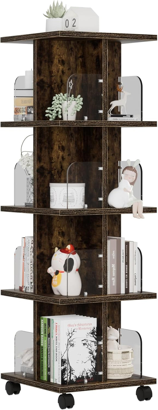 VECELO Rotating Bookshelf with Brake Wheels, 360°Display 4 Tier Floor Stackable Spinning-Bookshelf Tower for Kids&Adults, Revolving Bookcase for Small Space,Corner(Brown)