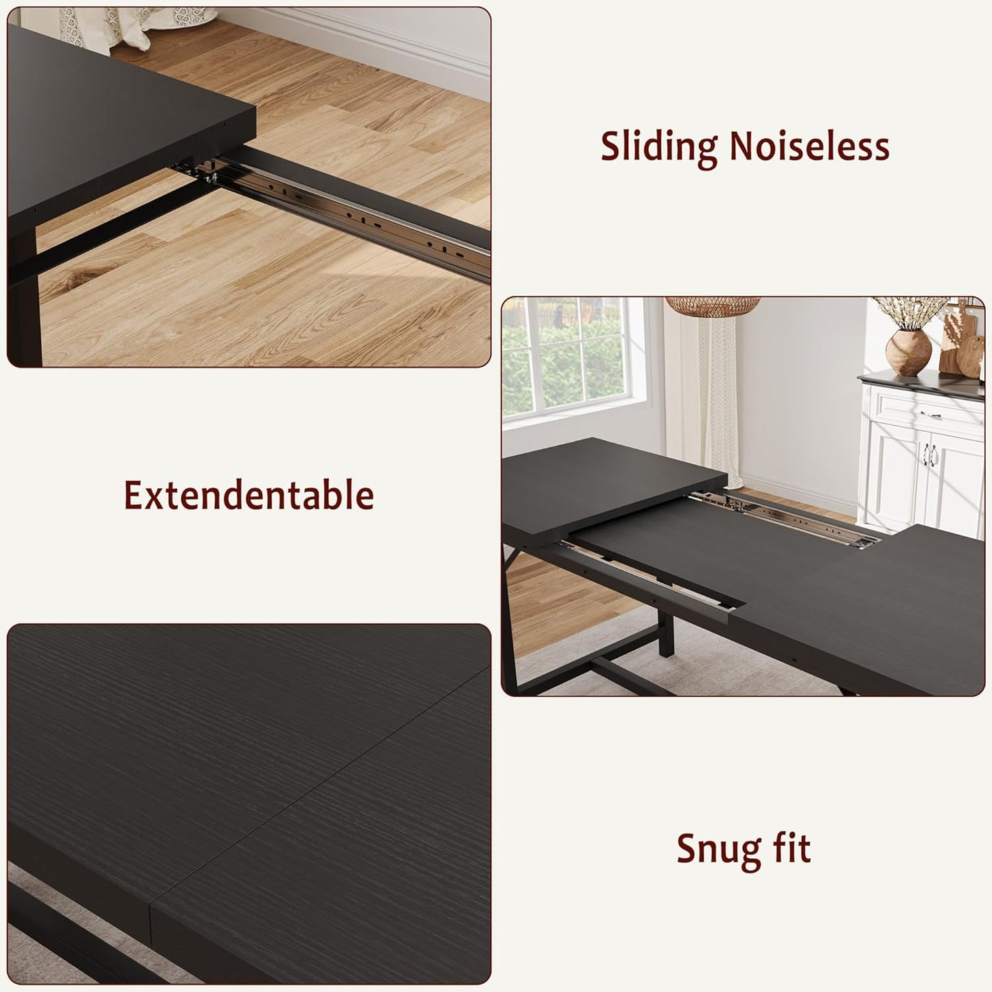 Dining Table Set for 4-6, 63“ Large Extendable Kitchen Table Set, Wood Rectangle Kitchen Table with 2 Soft Benches for Small Space, Apartment, Dinner,Black