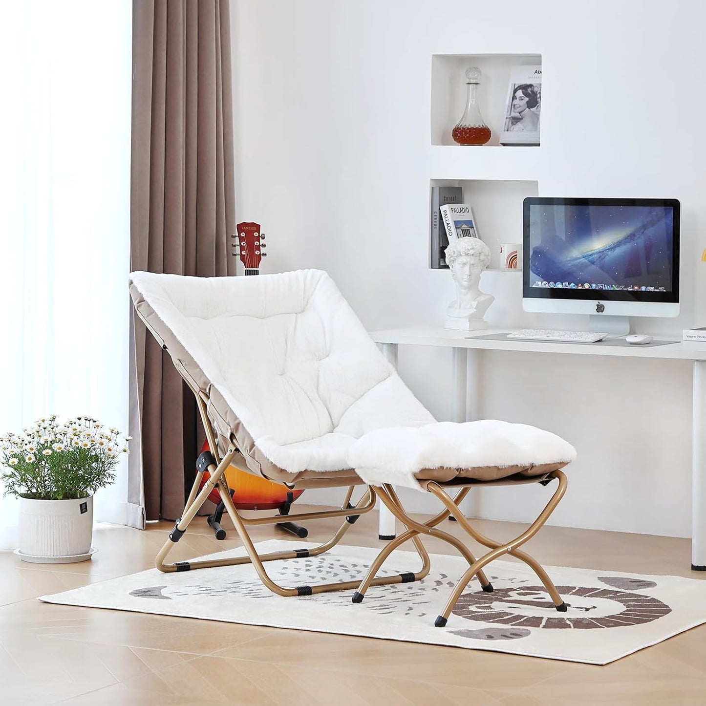 Comfy Folded Chair with Ottoman, Oversized Folding Faux Fur Chair Soft Furry Lounge Lazy Chair with Metal Frame Moon Chair Accent Chair for Bedroom, Living Room, Dorm Rooms