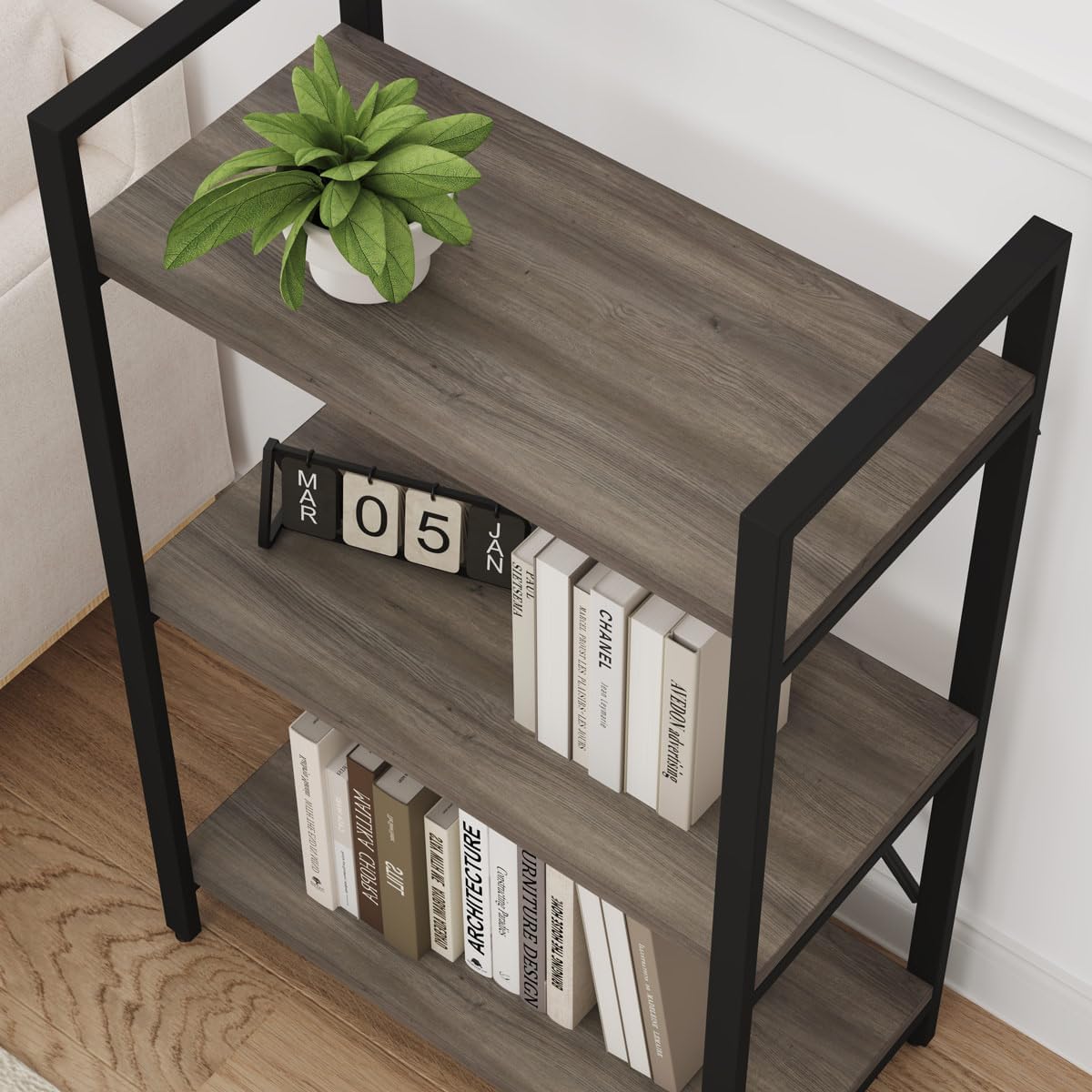 BON AUGURE 3 Tier Bookshelf, Small Rustic Book Shelf, Short Industrial Bookcase, Wood Metal Standing Etagere for Office, Bedroom and Living Room (Greige Oak)