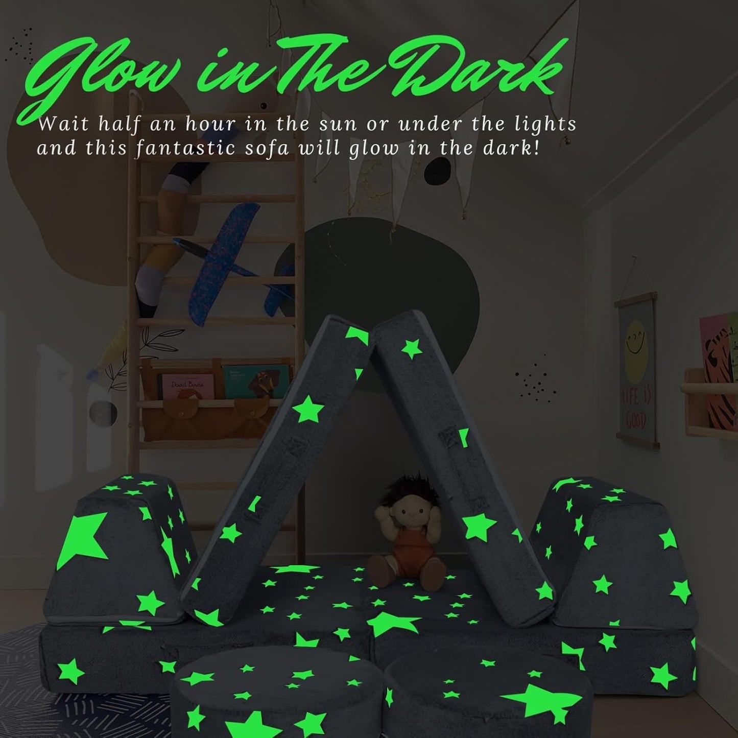 MeMoreCool 8-Piece Kids Modular Play Couch — Glow-in-The-Dark Star Foam Sofa Set for Toddlers, Convertible Fort Building & Climbing Furniture with Washable Covers, Playroom & Indoor Activity Set