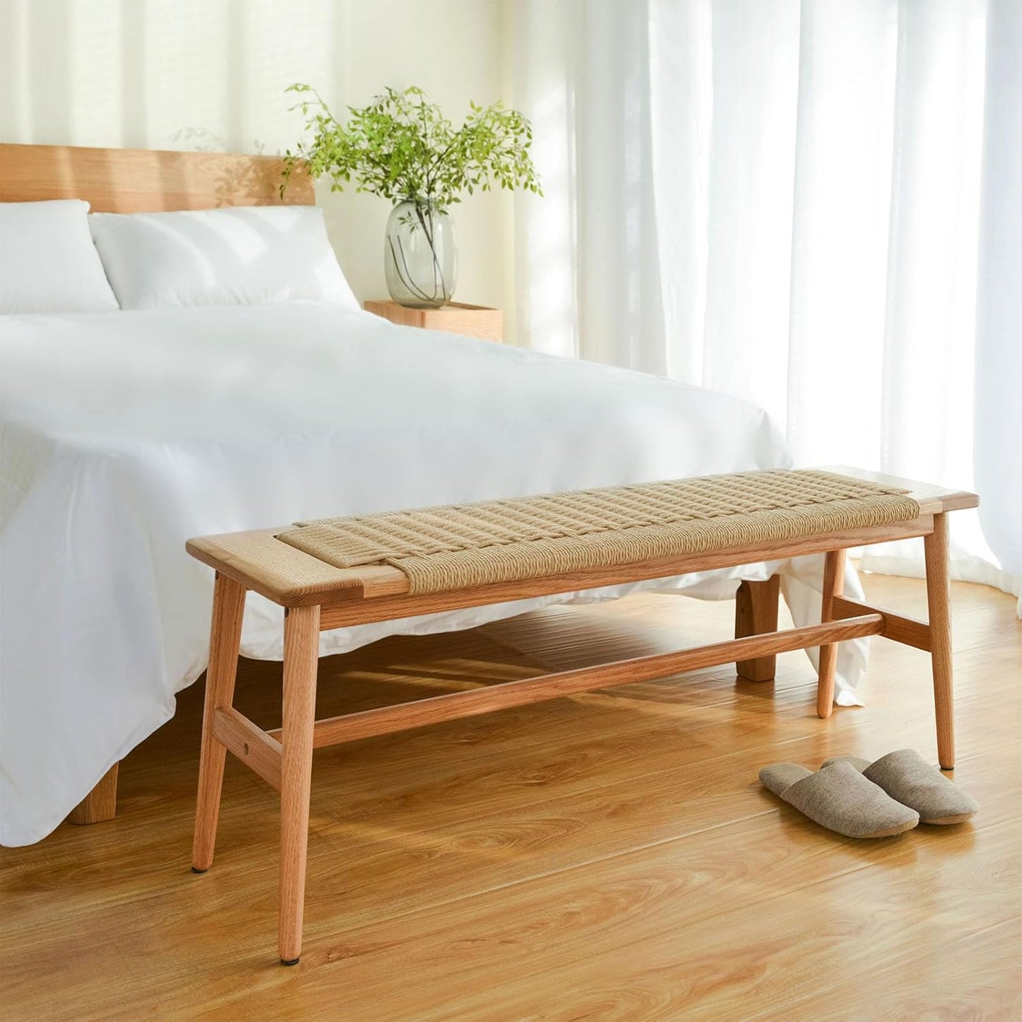 OOKSEN Entryway Bench, Solid Wood Dining Bench, 31.5" Wooden End of Bed Benches, Midcentury Modern Bedroom Benches Stool with Hand-Woven Rope for Kitchen Living Room Hallway