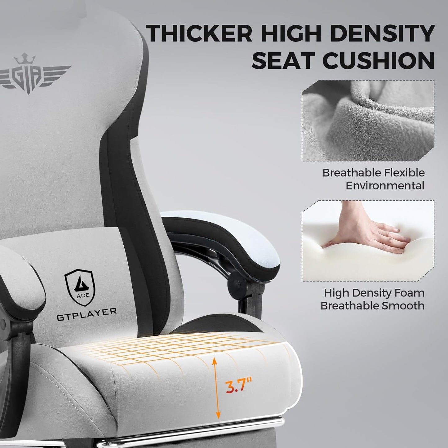 GTPLAYER Gaming Chair Fabric with Footrest, Big and Tall Game Chair High Back Computer Office Chair with Lumbar Support for Adults, Ergonomic Swivel Games Chair with Cushion Gaming Grey