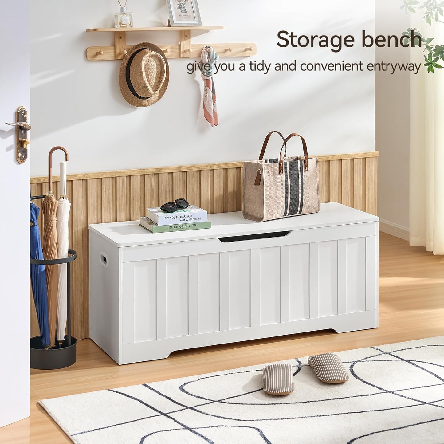 47.2" Storage Chest Extra Large,Storage Trunk with 2 Safety Hinges,Wooden Storage Bench,Shoe Bench,47.2x15.7x19.1 Inch,Easy Assembly,Storage Bench for Bedroom,Living Room,entryway(White).