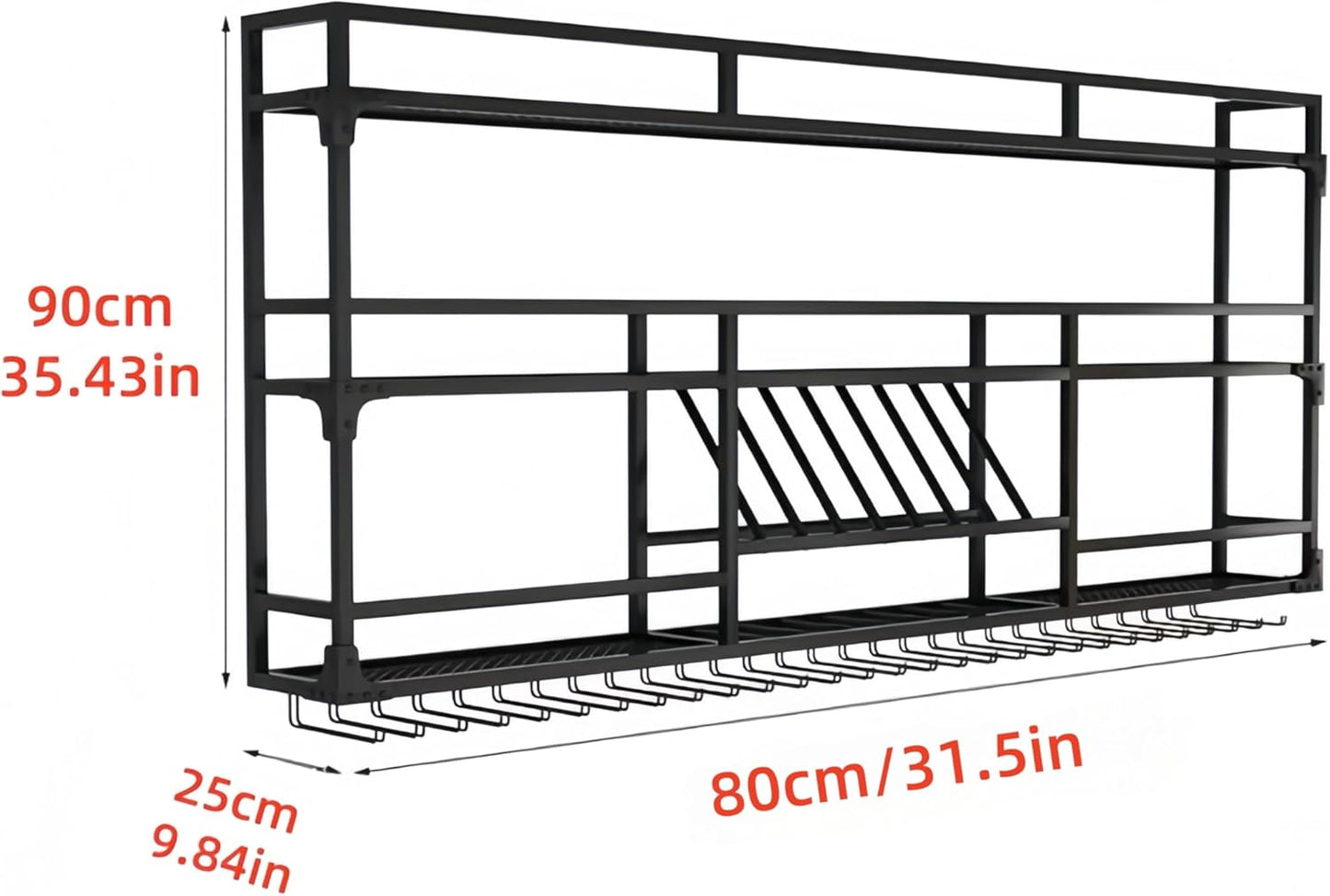 Metal Wall-Mounted Wine Rack with LED Light - 3 Tier Wine Storage Display Rack with Glass Holder - Space-Saving Bottle Display Shelf for Home Bars, Dining Rooms(Black, 31in/80cm)