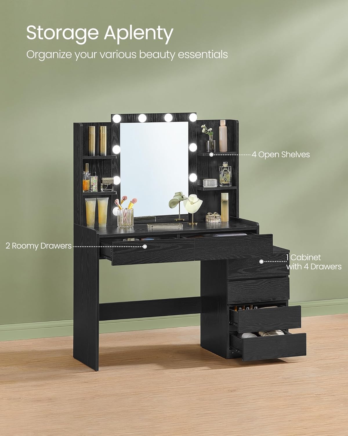 VASAGLE Vanity Desk with Mirror and LED Lights, Makeup Vanity with 6 Drawers, Vanity Table with 4 Open Shelves, 10 Dimmable LED Lights, for Bedroom, Dressing Room, Modern, Ebony Black URDT122B01