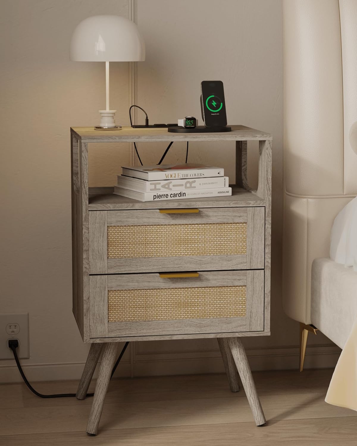 Rattan Nightstand with Charging Station,Farmhouse Bedside Table with 2 Storage Drawer and Open Wood Shelf, for Bedroom and Small Spaces,Night Stand with Solid Wood Legs (Grey Oak-Outlet)
