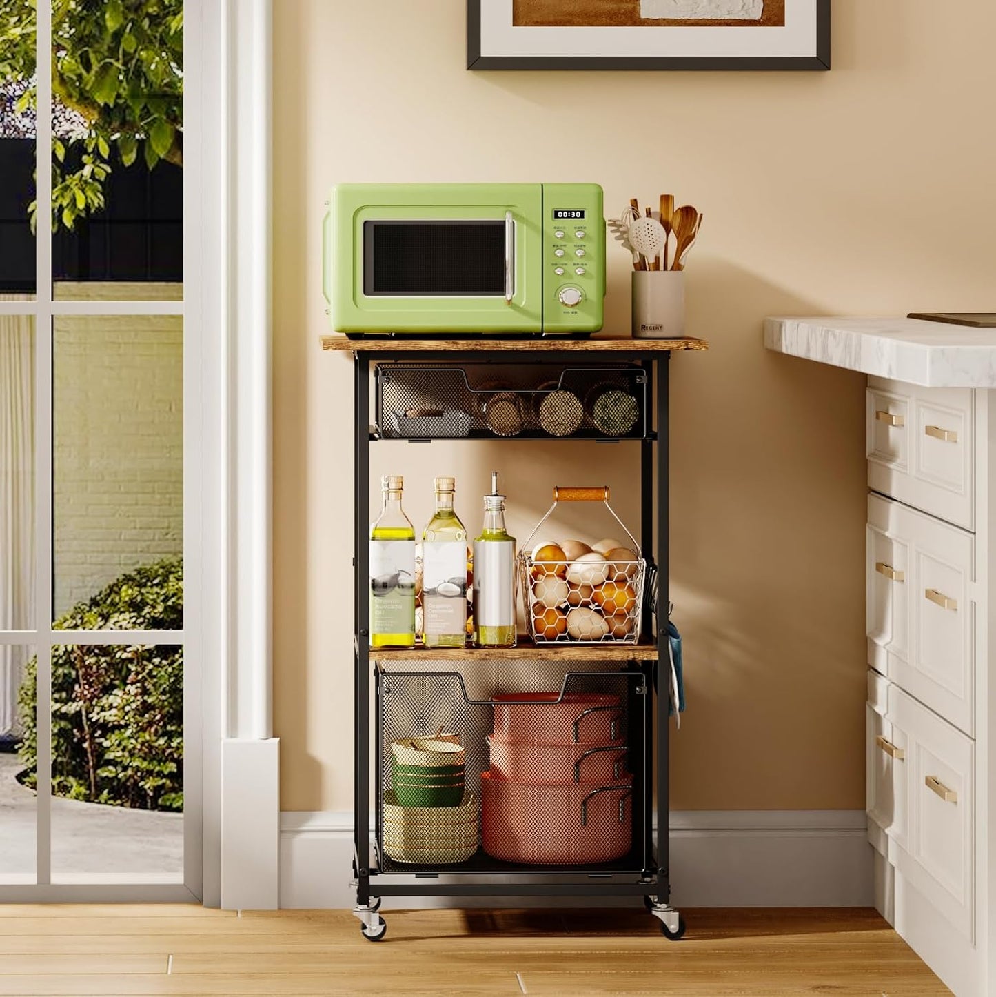 Microwave Stand with Drawers & Hooks,3-Tier Rolling Kitchen Cart for Small Spaces, Multifunctional Storage Organizer with Lockable Wheels Rustproof(Black +Vintage, 20.8 * 15.7 * 32.6inch)
