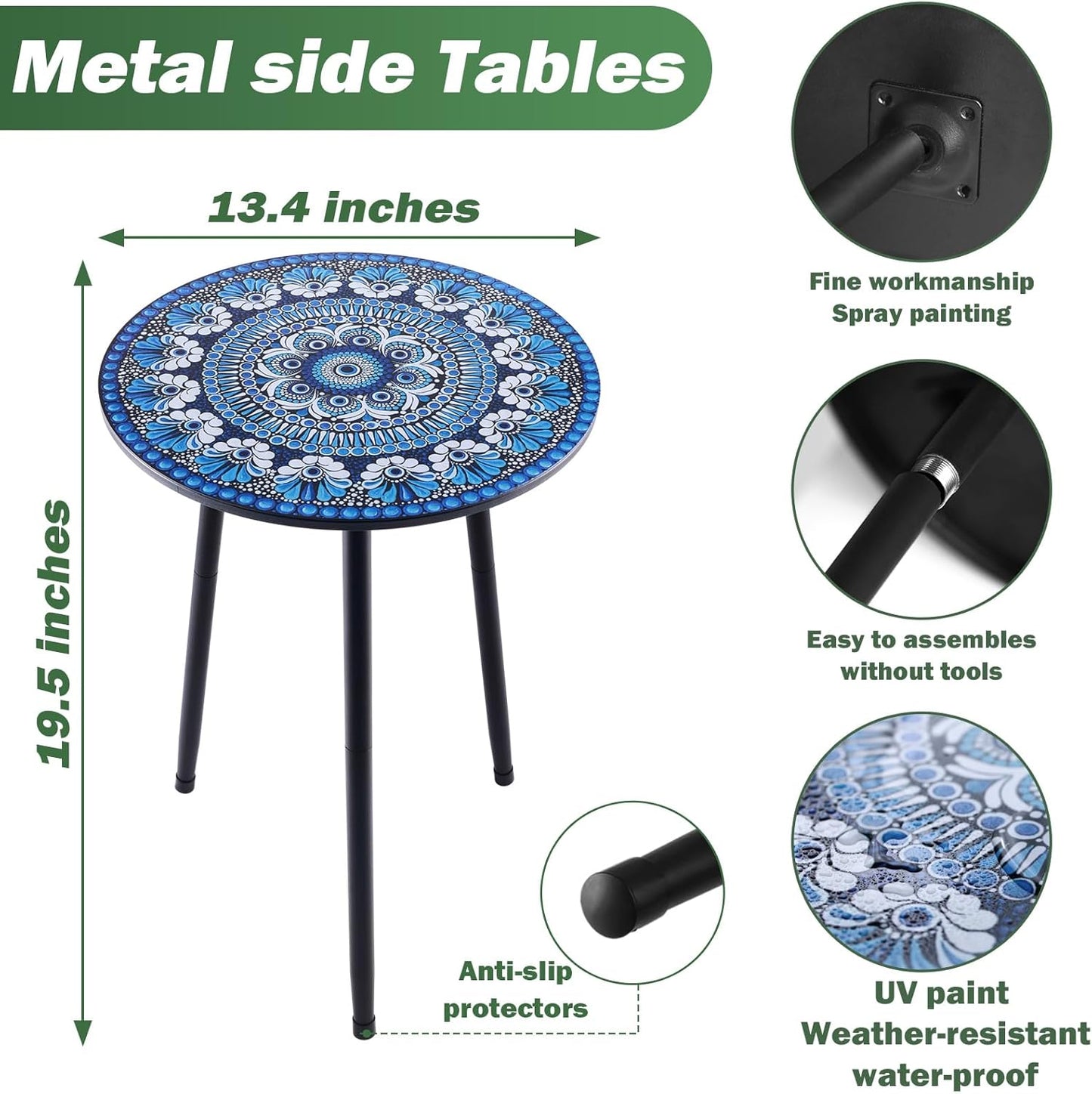 2 Packs Metal Mosaic Round Side Table 13.4" Small Outdoor Patio Round Accent Coffee Tables Indoor Corner Stand for Small Spaces Weather-Resistant for Balcony Plant Stand