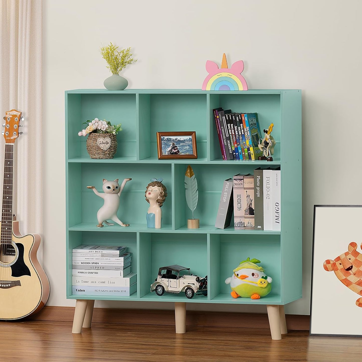 LEYAOYAO 8 Cube Bookshelf 3-Tier Bookcase with Legs, Mint-Green Kids Book Shelf Cute Storage Organizer, Large Open Toy Shelves Modern Bookshelves,Display Bookcases for Bedroom,Living Room,Nursery