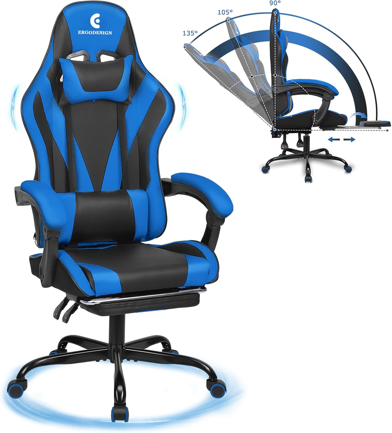 Gaming Chair with Linkage Armrest & Footrest, High Back Video Gaming Chair, Black/Blue