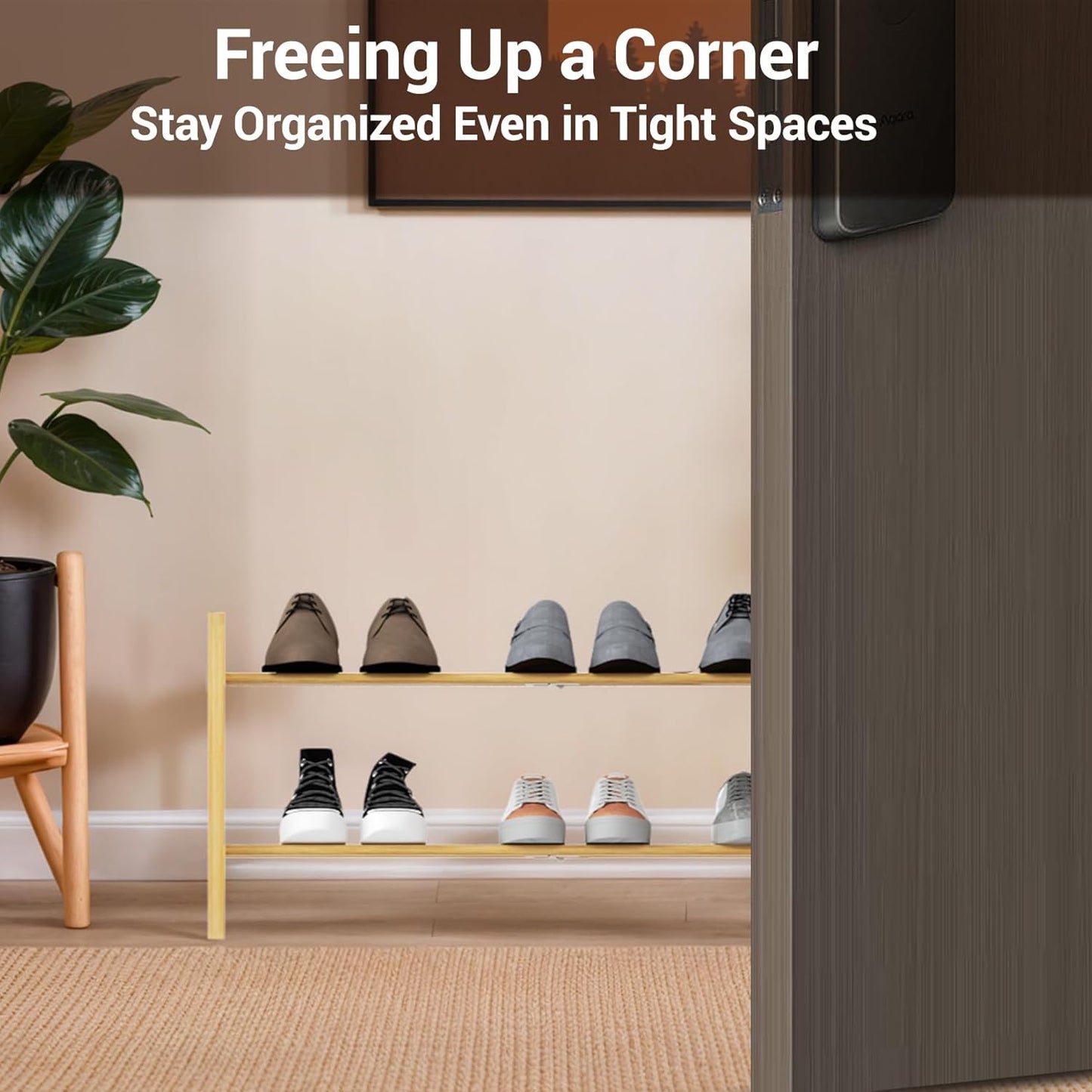 Haddockway Bamboo Shoe Rack for Closet, Free Standing Shoe Organizer with Smooth Round Rods & Convenient Handles, Stackable Shoe Storage Shelf for Entryway, Hallway(Natural, 2-Tier)