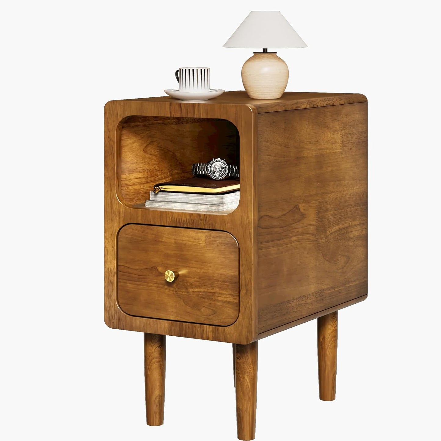 Narrow Nightstand, Solid Wood Night Stand with Drawers, Walnut Mid Century Modern Nightstand, Small Beside Table with Open Storage Shelf for Bedroom (12 inch)